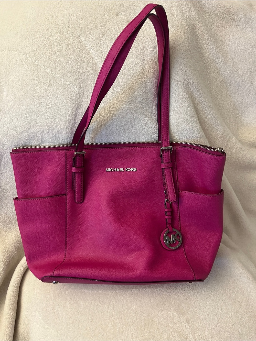 Michael Kors Fuchsia Saffiano Leather Tote with MK Charm